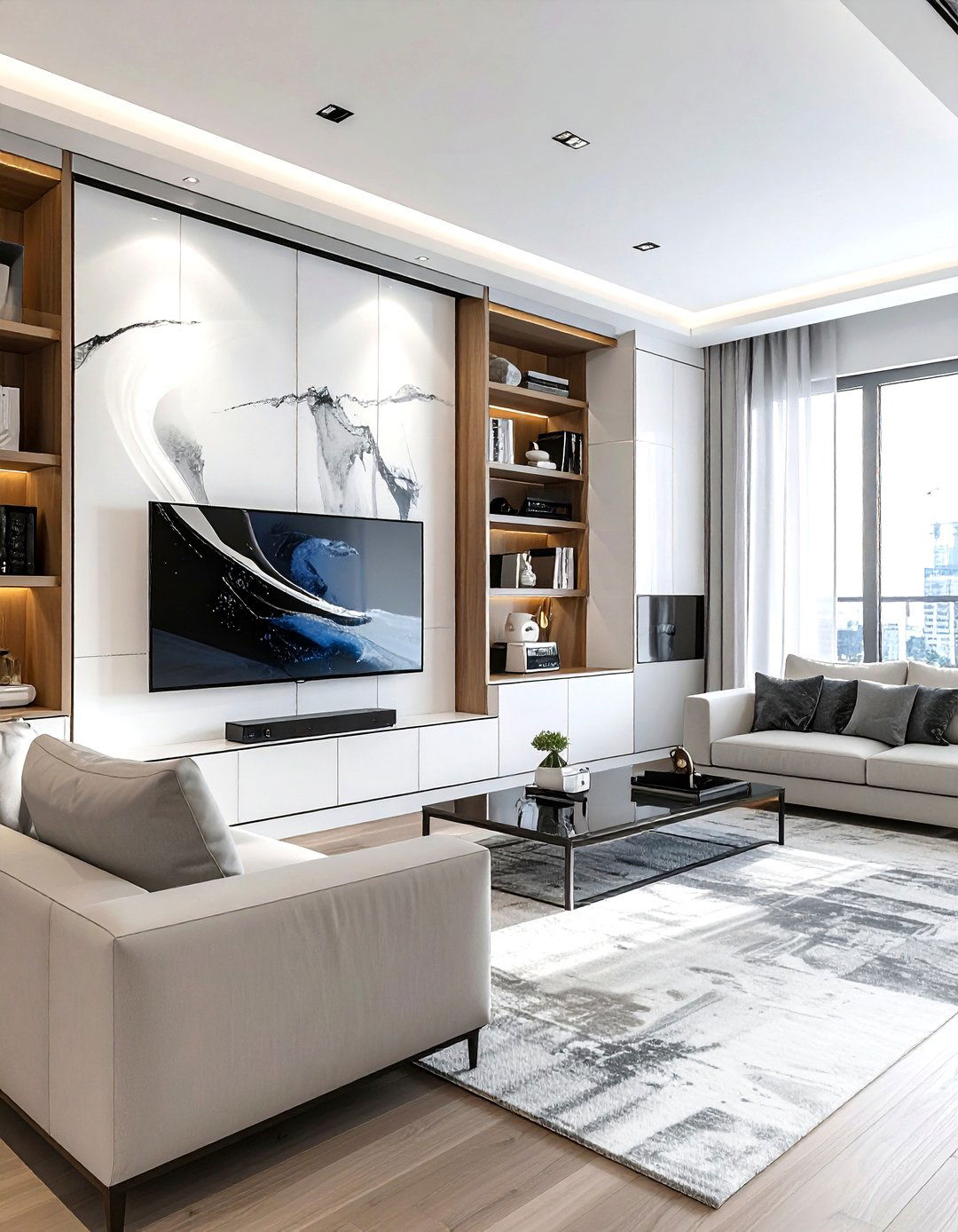 Hidden TV Built In With Sliding Panels - 30 living room built-in entertainment center