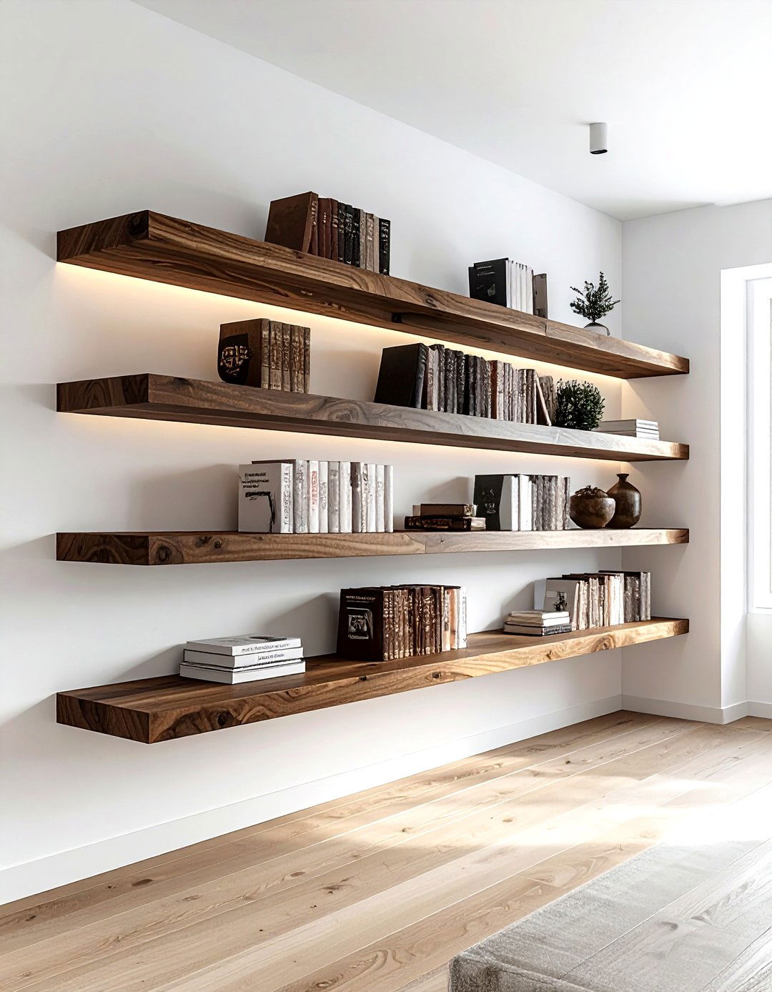 Hidden bracket shelving - 30 living room wall shelving ideas