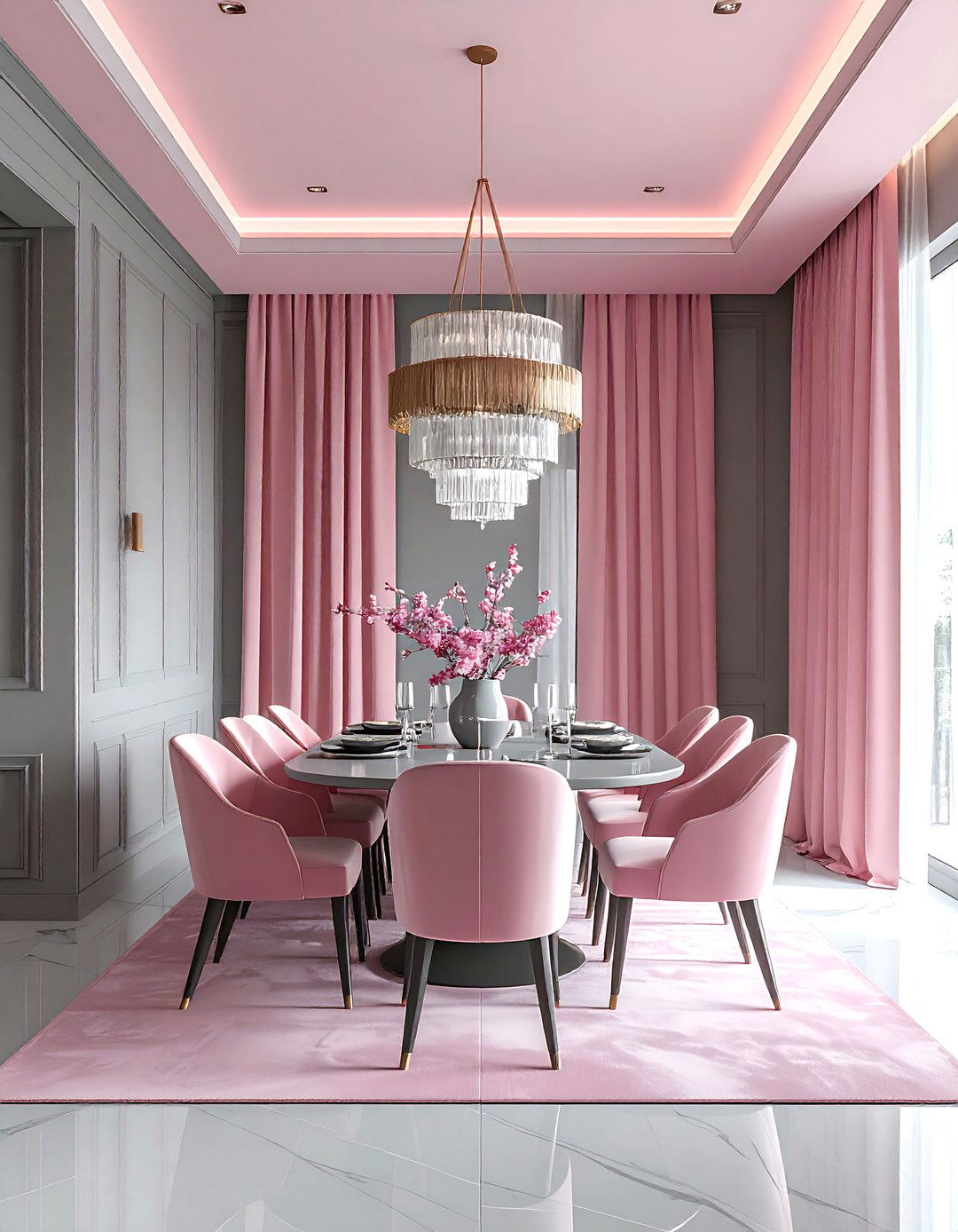 High Ceiling Gray Pink Dining Room - 30 pink and gray dining room ideas