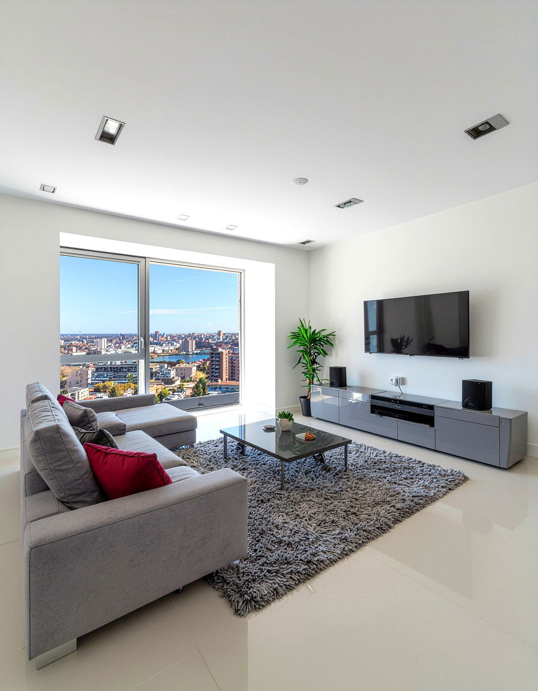 High Gloss Gray TV Unit - 30 living room floating tv unit ideas