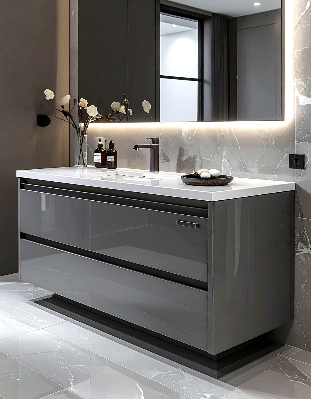 High Gloss Grey Vanity Unit - 30 grey bathroom furniture ideas