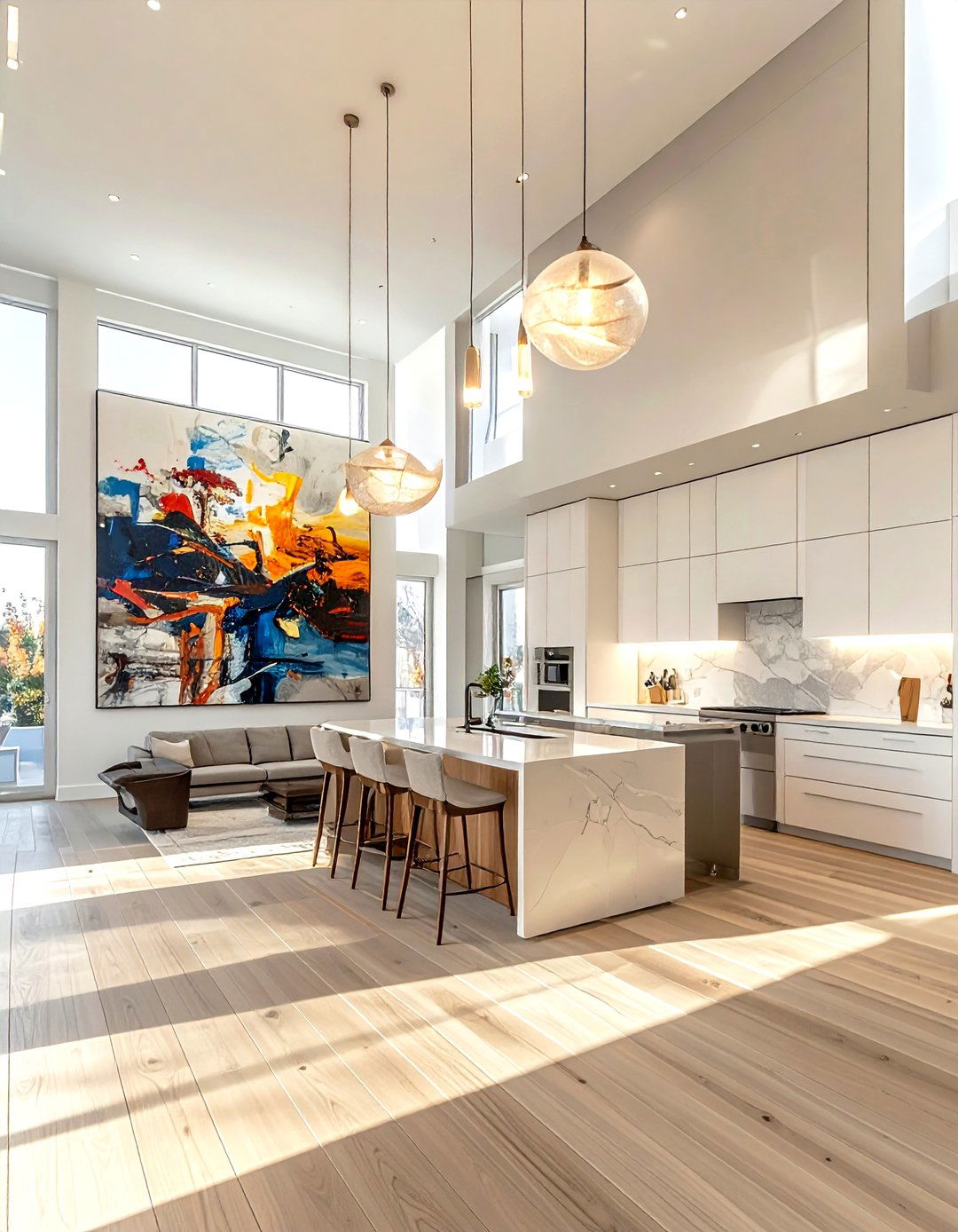 High ceiling open plan - 30 living room kitchen combo ideas