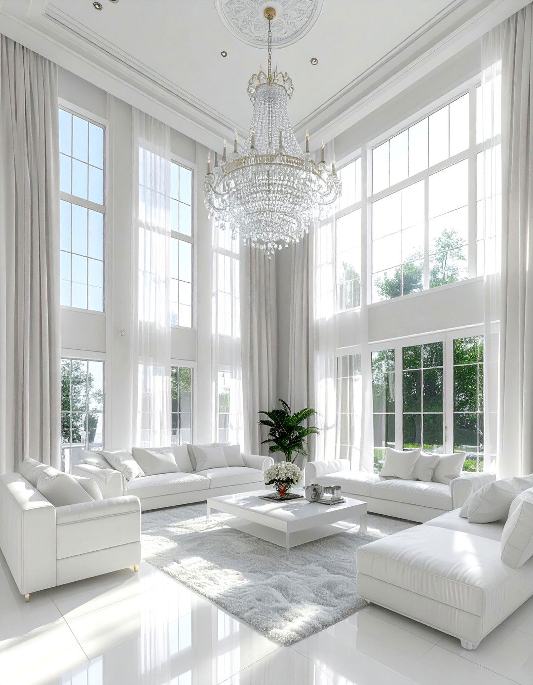 High ceiling white living room - 30 white living room ideas