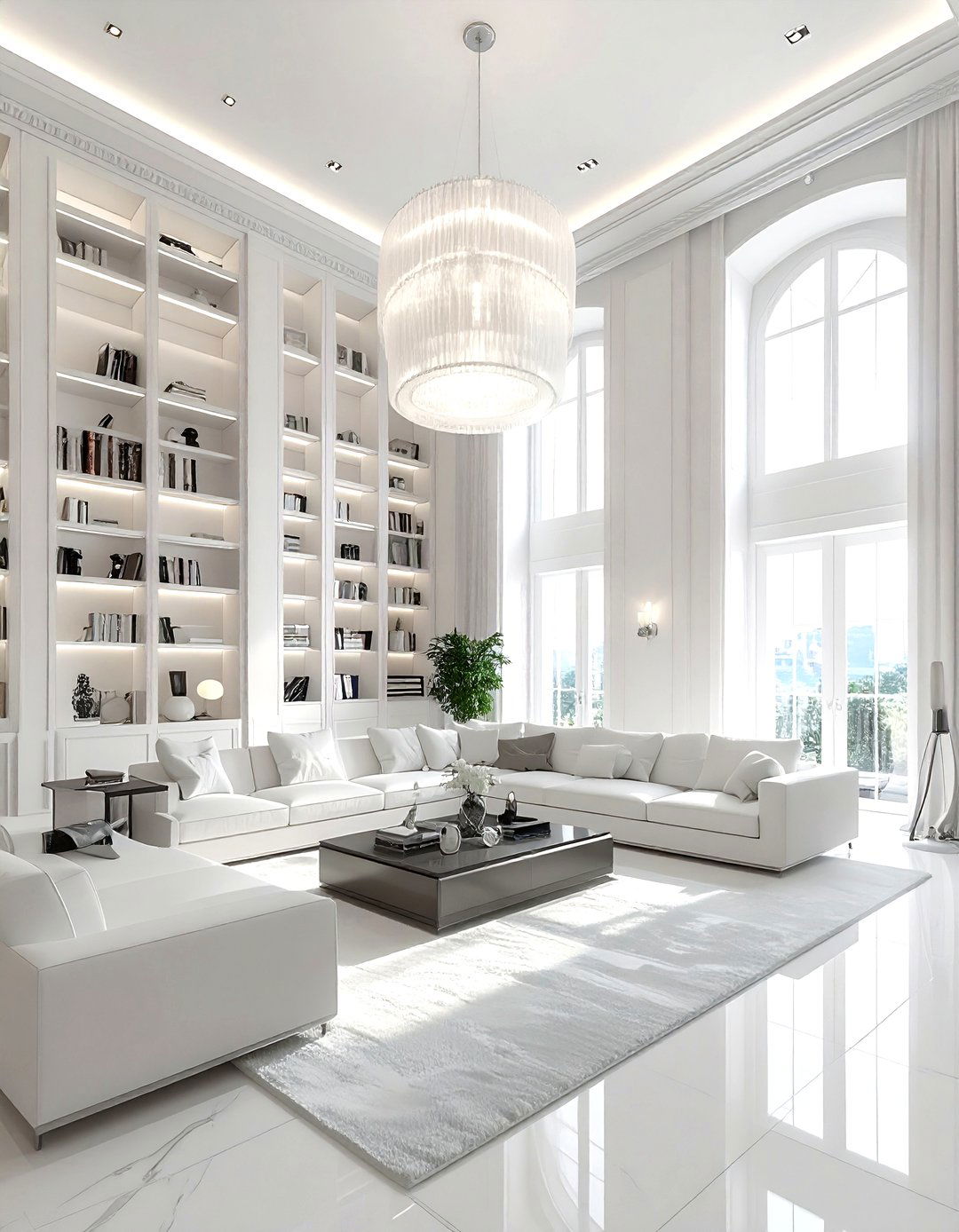 High ceiling white living room - 30 white and white living room ideas