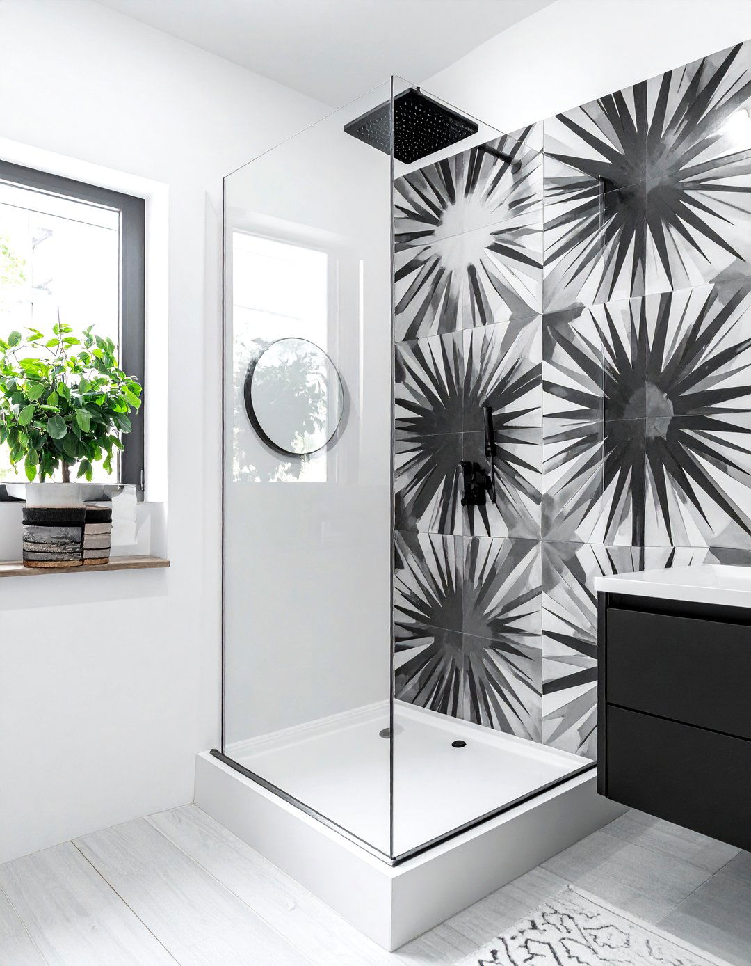 High contrast cement tile shower - 30 cement tile bathroom ideas