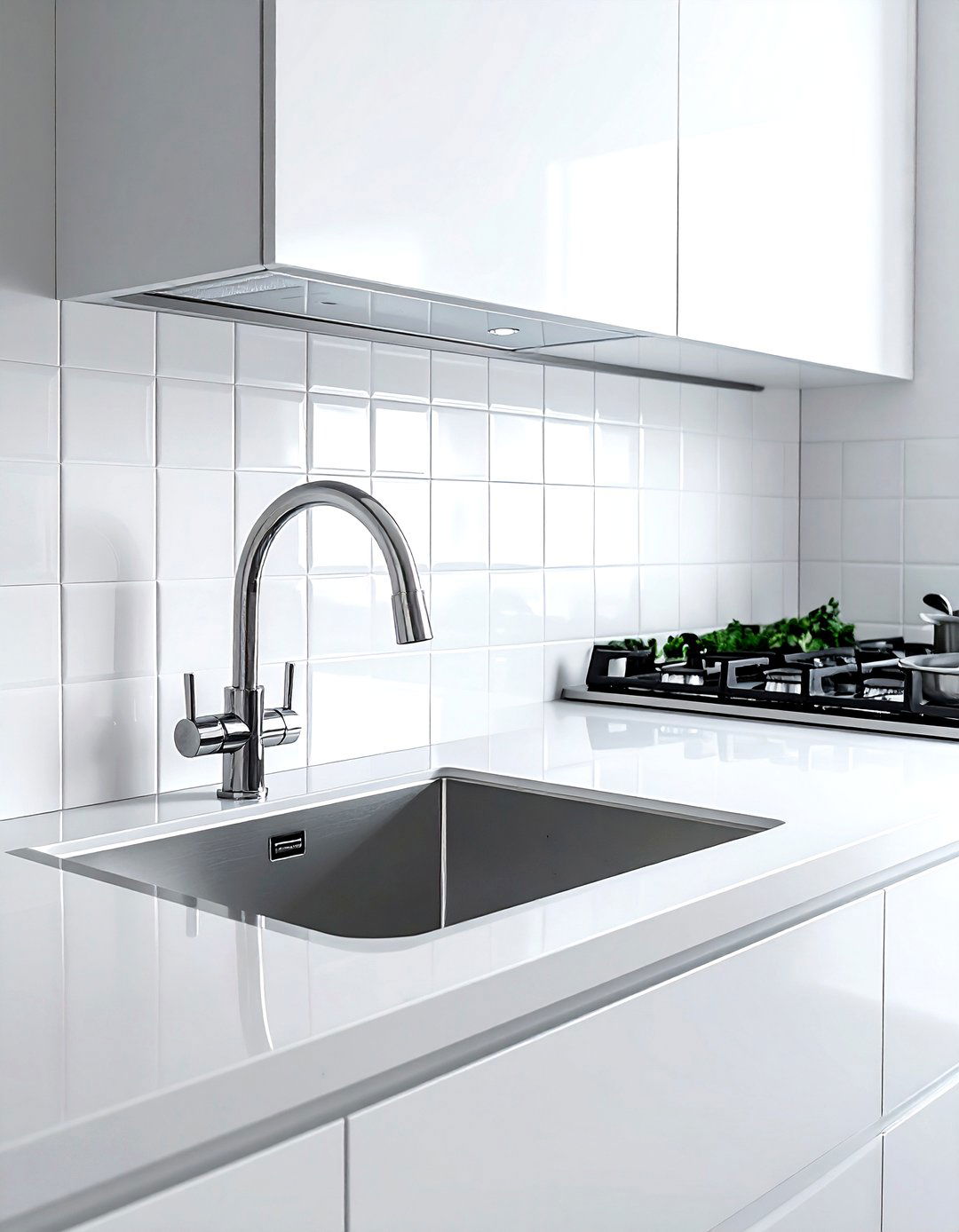 High end pot filler with basic stove - 30 kitchen high-low mixing ideas