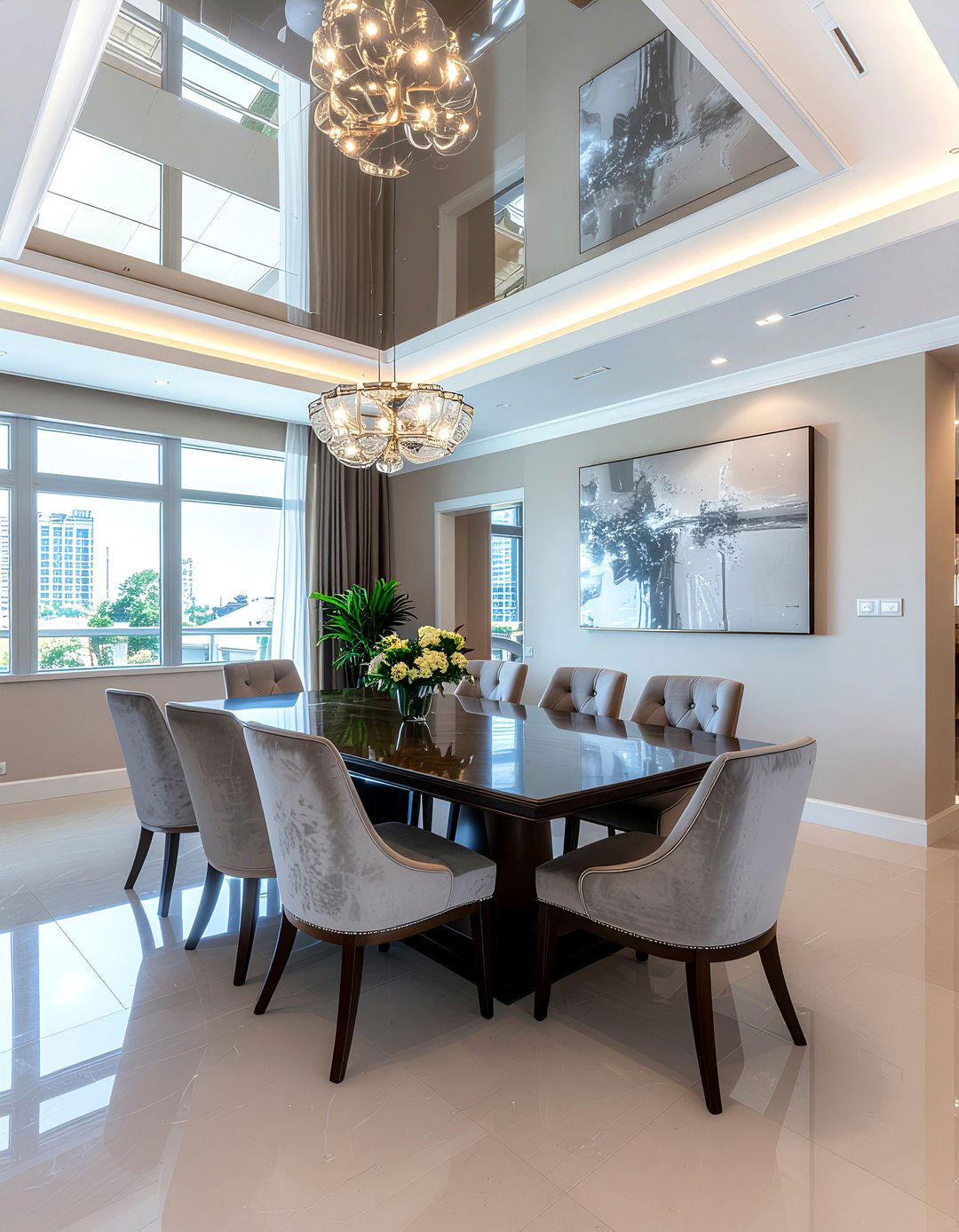 High gloss ceiling - 30 dining room natural light ideas