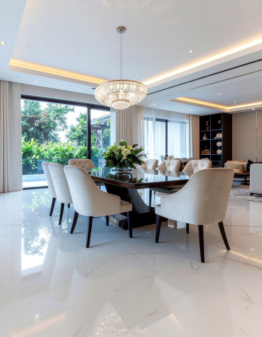 High gloss flooring - 30 dining room natural light ideas