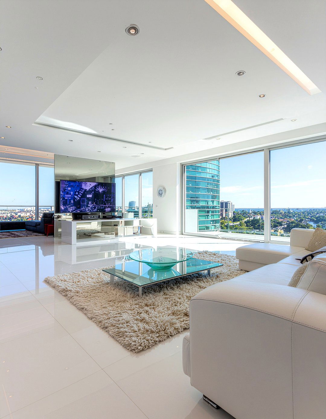 High gloss white floating console - 30 living room tv console ideas