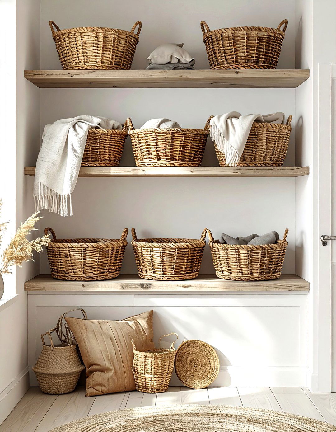 High wall basket storage - 30 living room overhead storage ideas