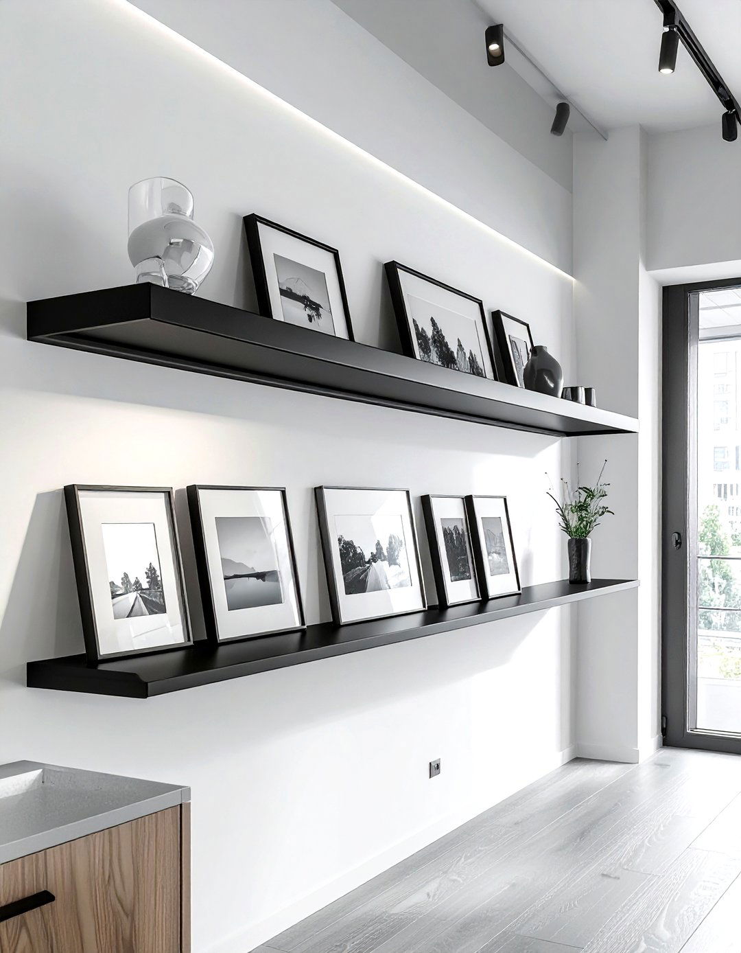 High wall picture ledge - 30 living room overhead storage ideas