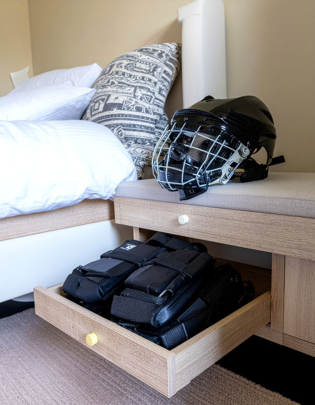 Hockey equipment storage bench - 30 hockey bedroom ideas