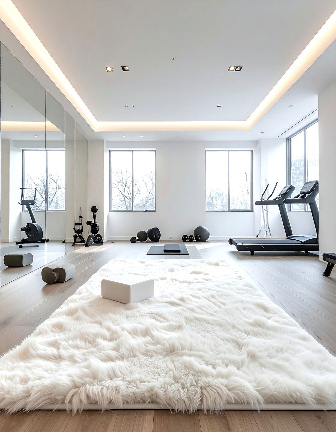 Home gym with sheepskin rug floor - 30 sheepskin rug ideas