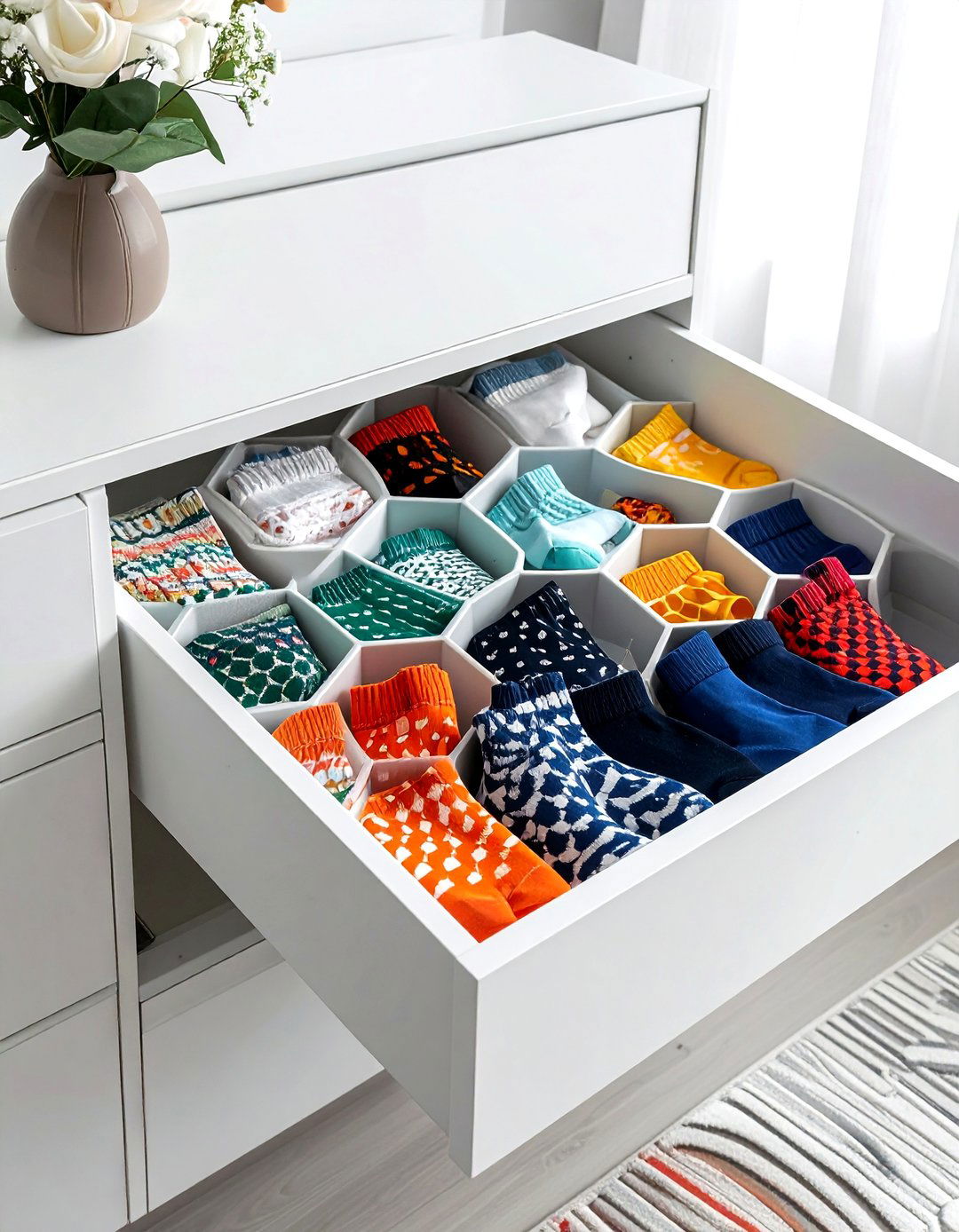Honeycomb Sock Inserts - 30 bedroom drawer organization ideas