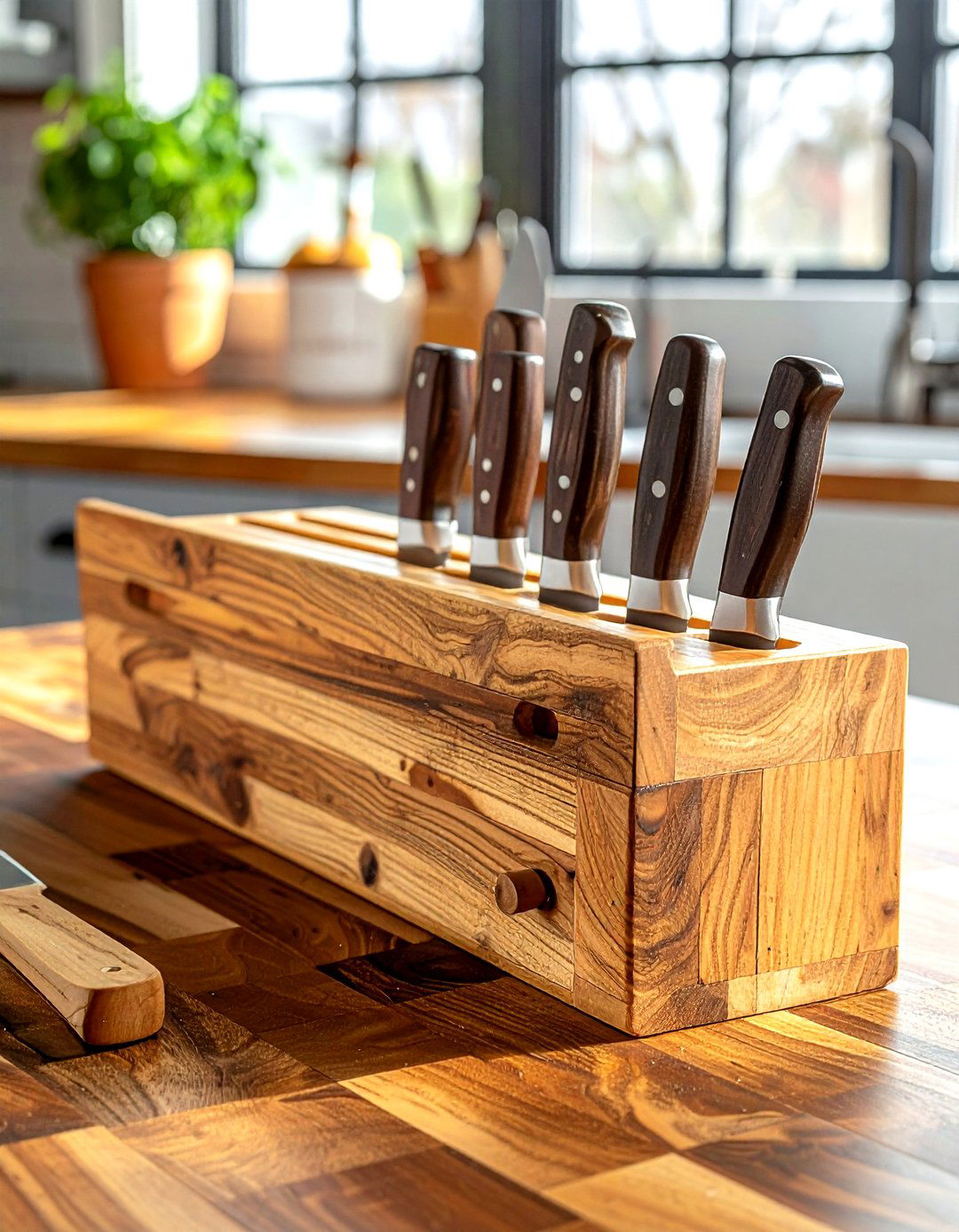 Horizontal wooden knife block - 30 knife block kitchen ideas