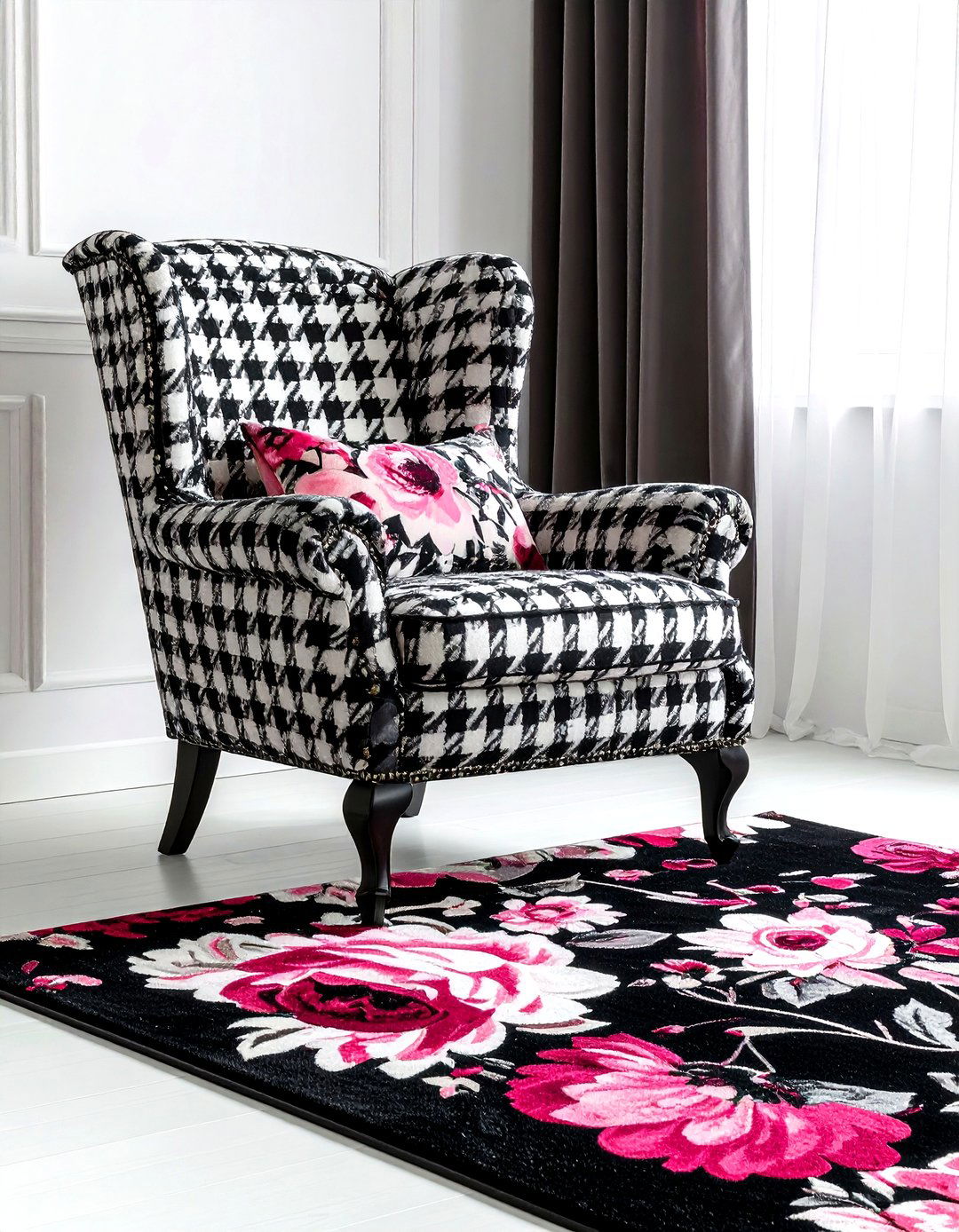 Houndstooth and floral living room - 30 living room pattern mixing ideas