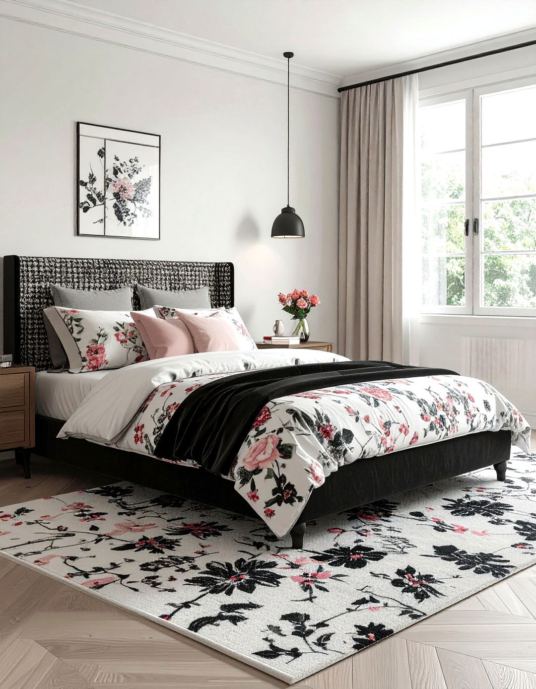Houndstooth and soft floral bedroom - 30 bedroom pattern mixing ideas