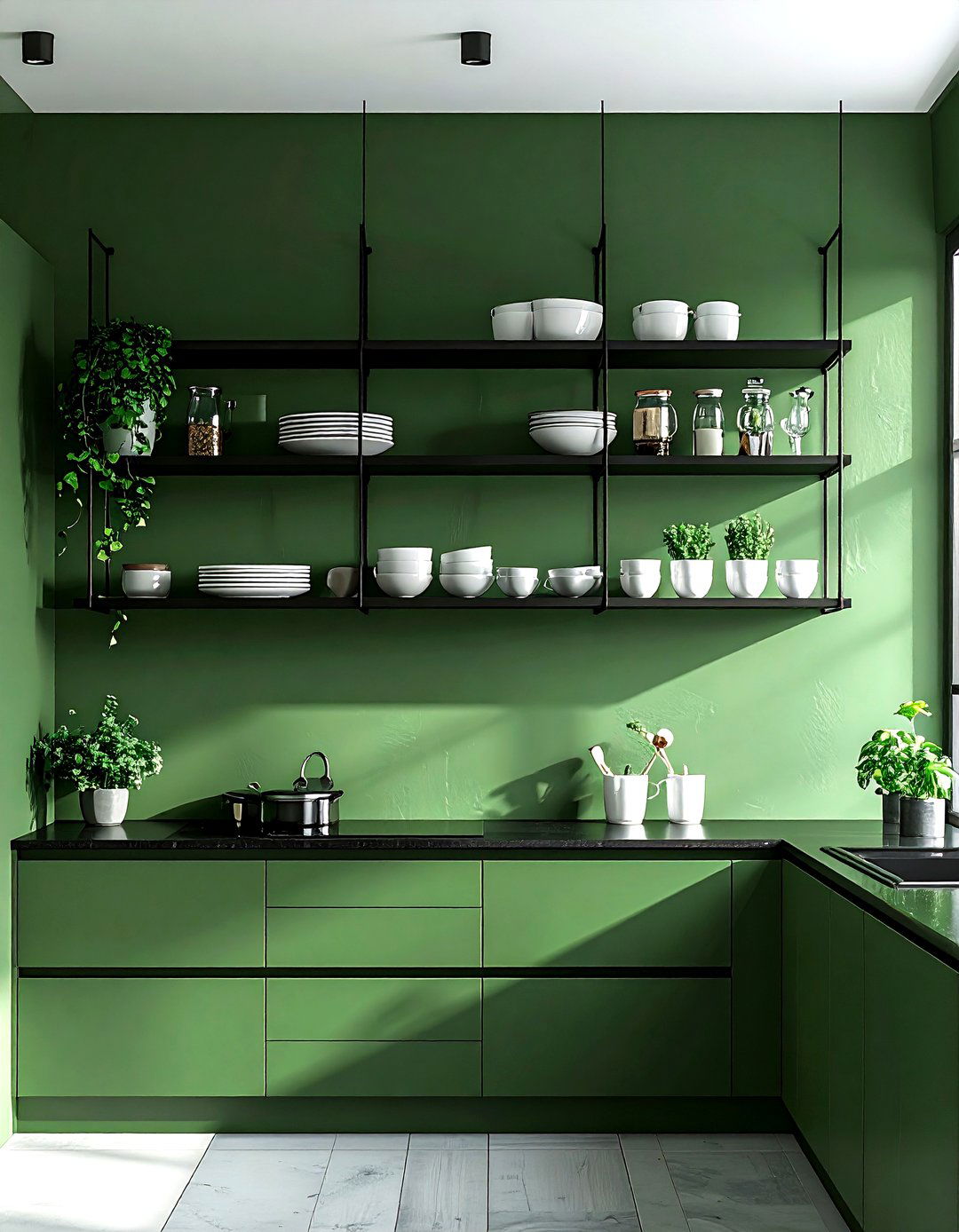 Hunter Green Kitchen With Floating Shelves - 30 hunter green kitchen ideas