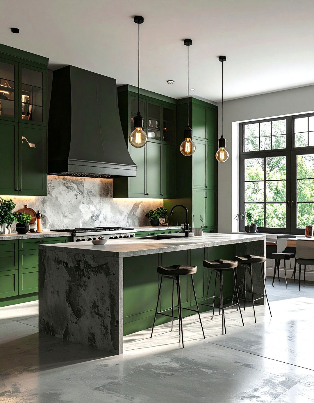 Hunter Green Kitchen With Industrial Lighting - 30 hunter green kitchen ideas