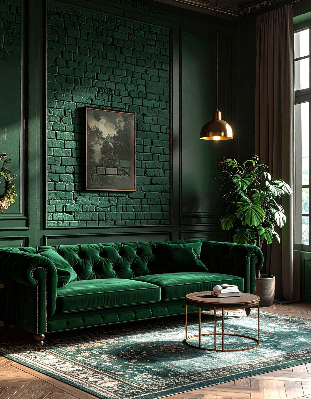 Hunter Green Painted Brick - 30 industrial green living room ideas