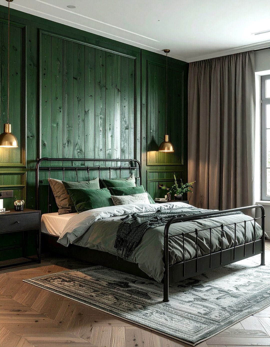 Hunter Green Wood Panel - 30 industrial green bedroom ideas