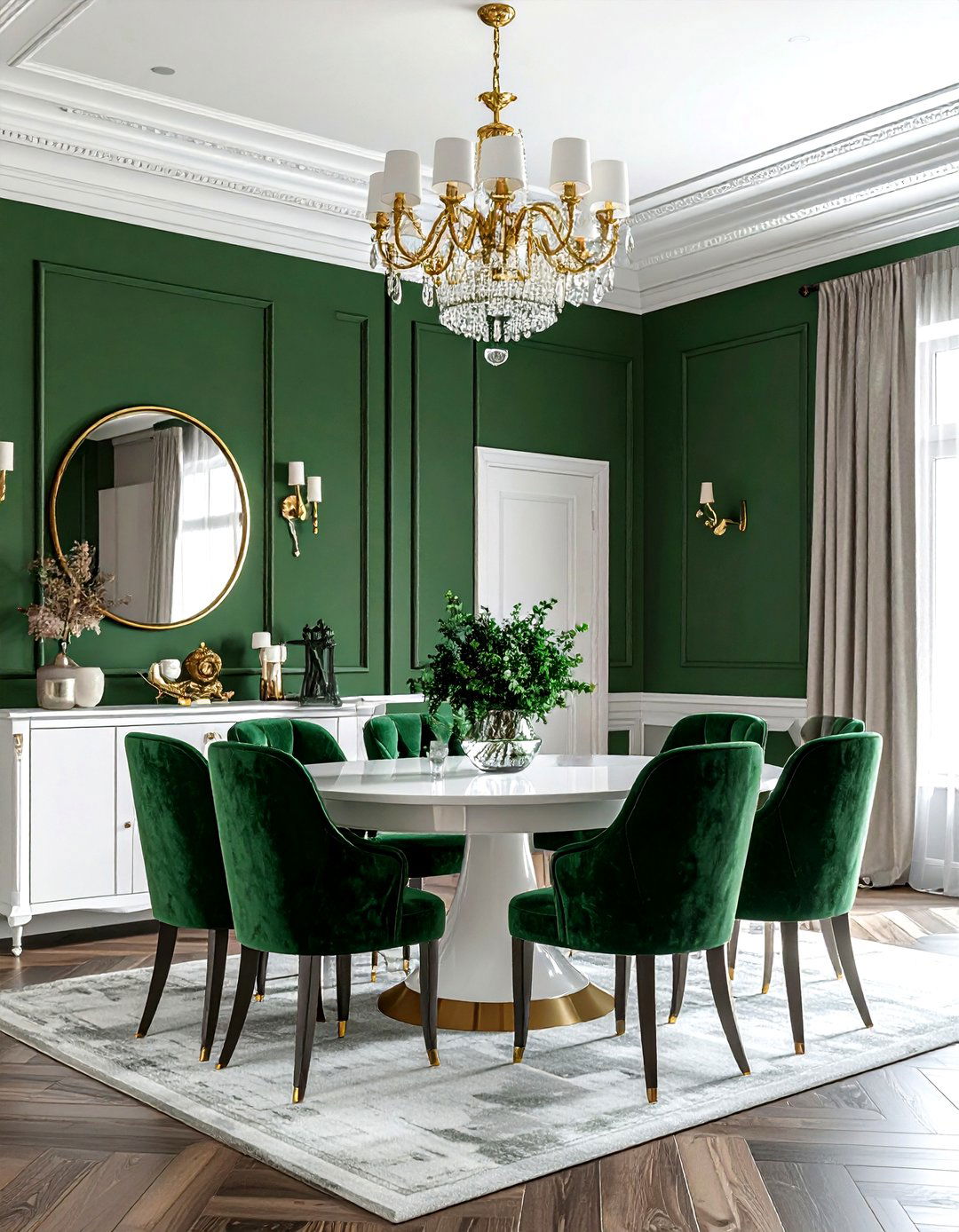 Hunter green walls gold accents - 30 green and white dining room ideas