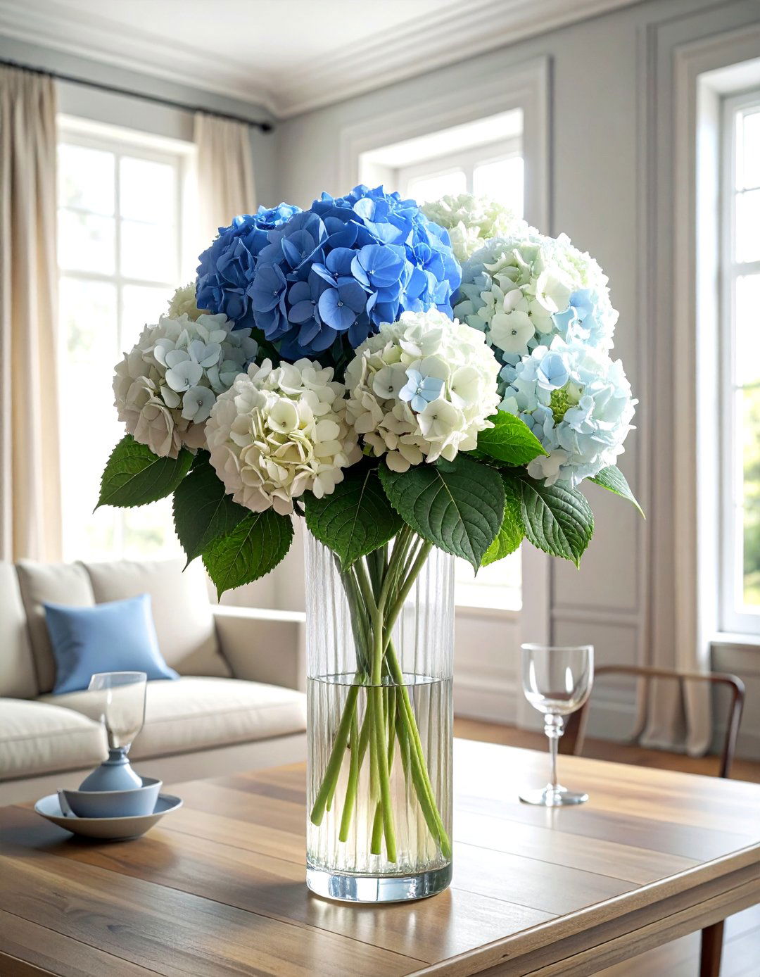 Hydrangea In Tall Fluted Vase - 30 tall centerpiece dining ideas