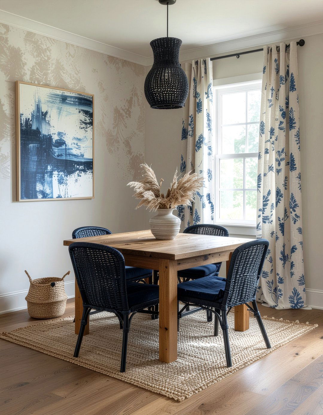 Ikat Curtains And Textured Wallpaper - 30 dining room pattern mixing ideas