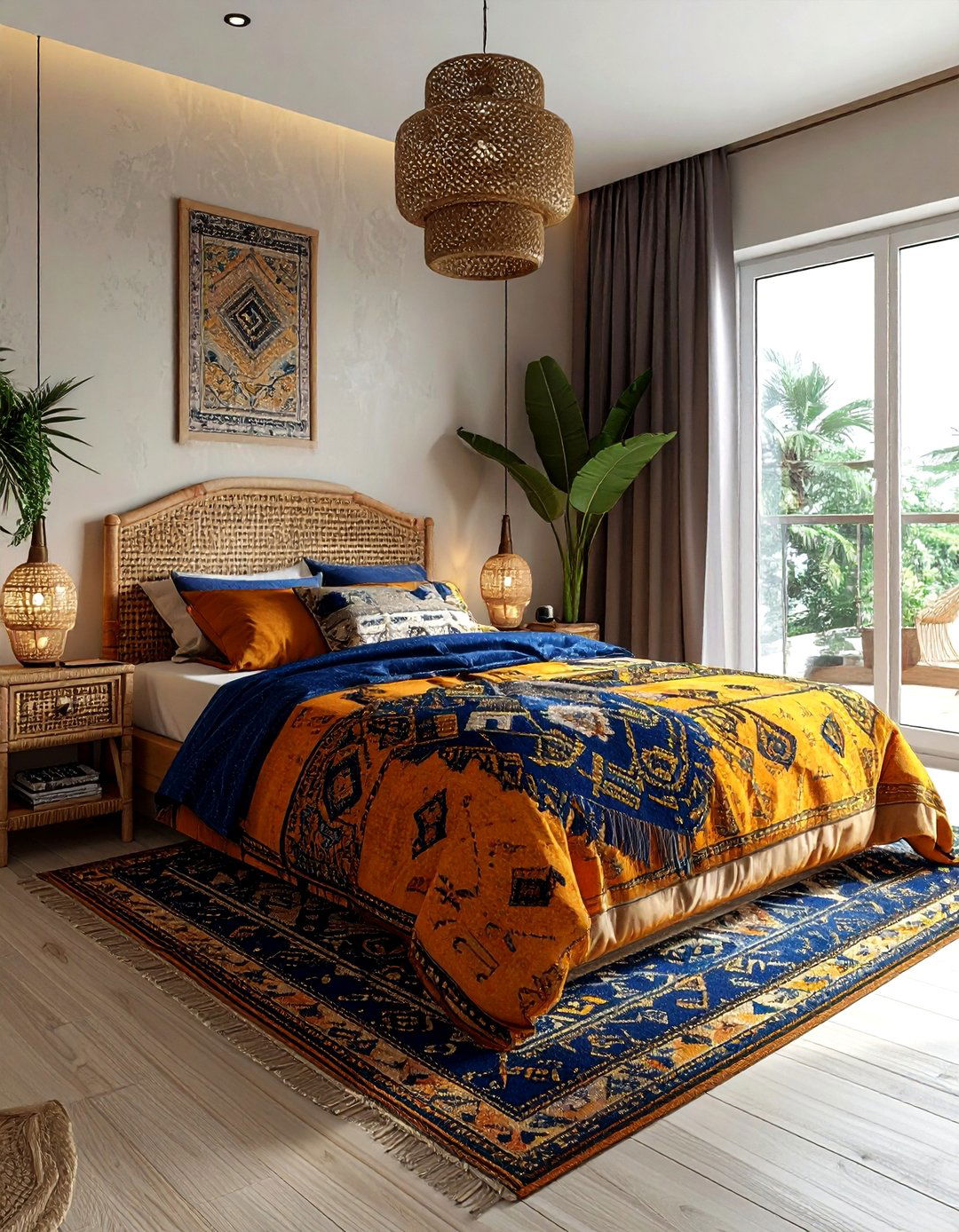 Ikat and block print bedroom - 30 bedroom pattern mixing ideas