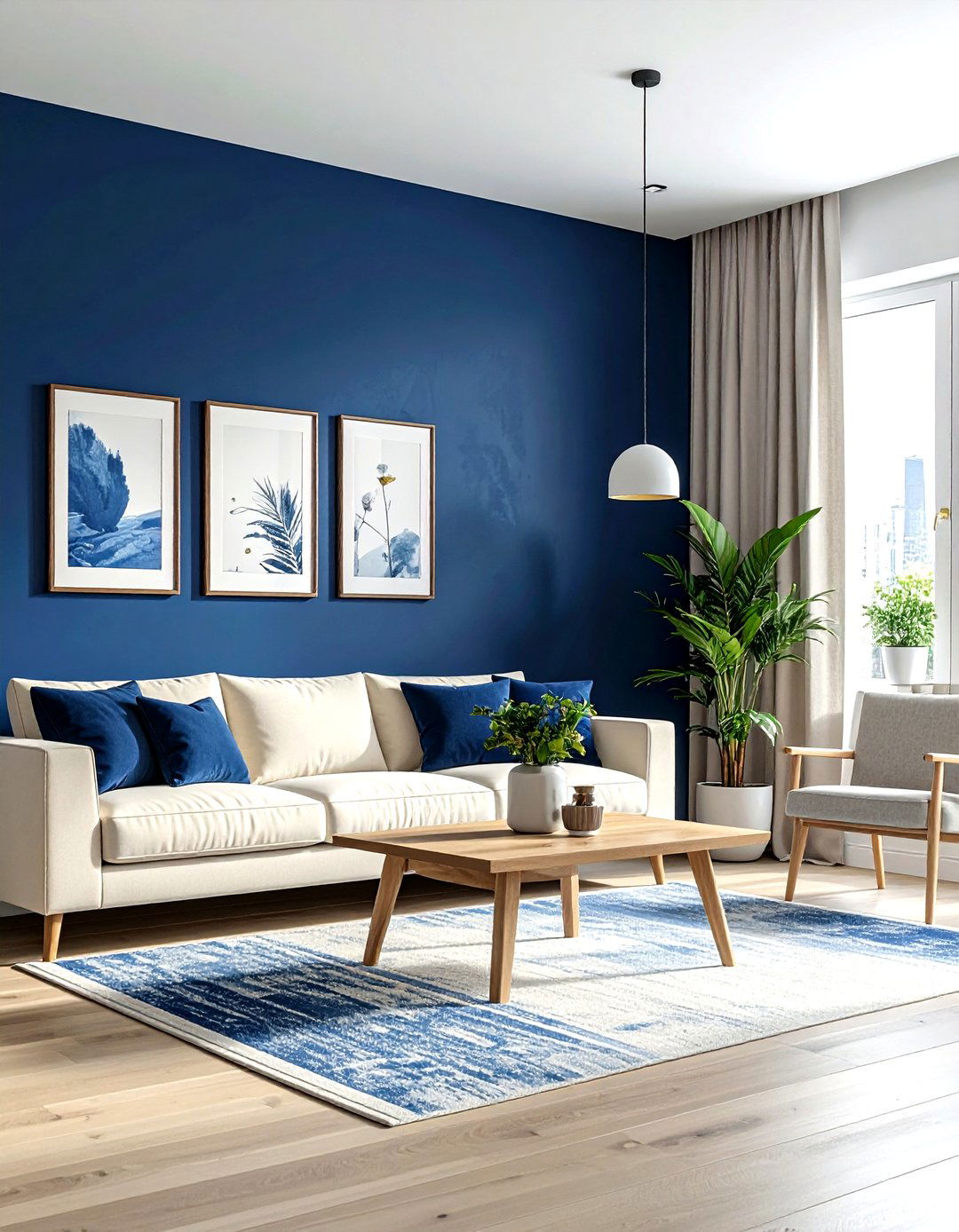Indigo blue accent wall living room - 30 industrial blue living room ideas