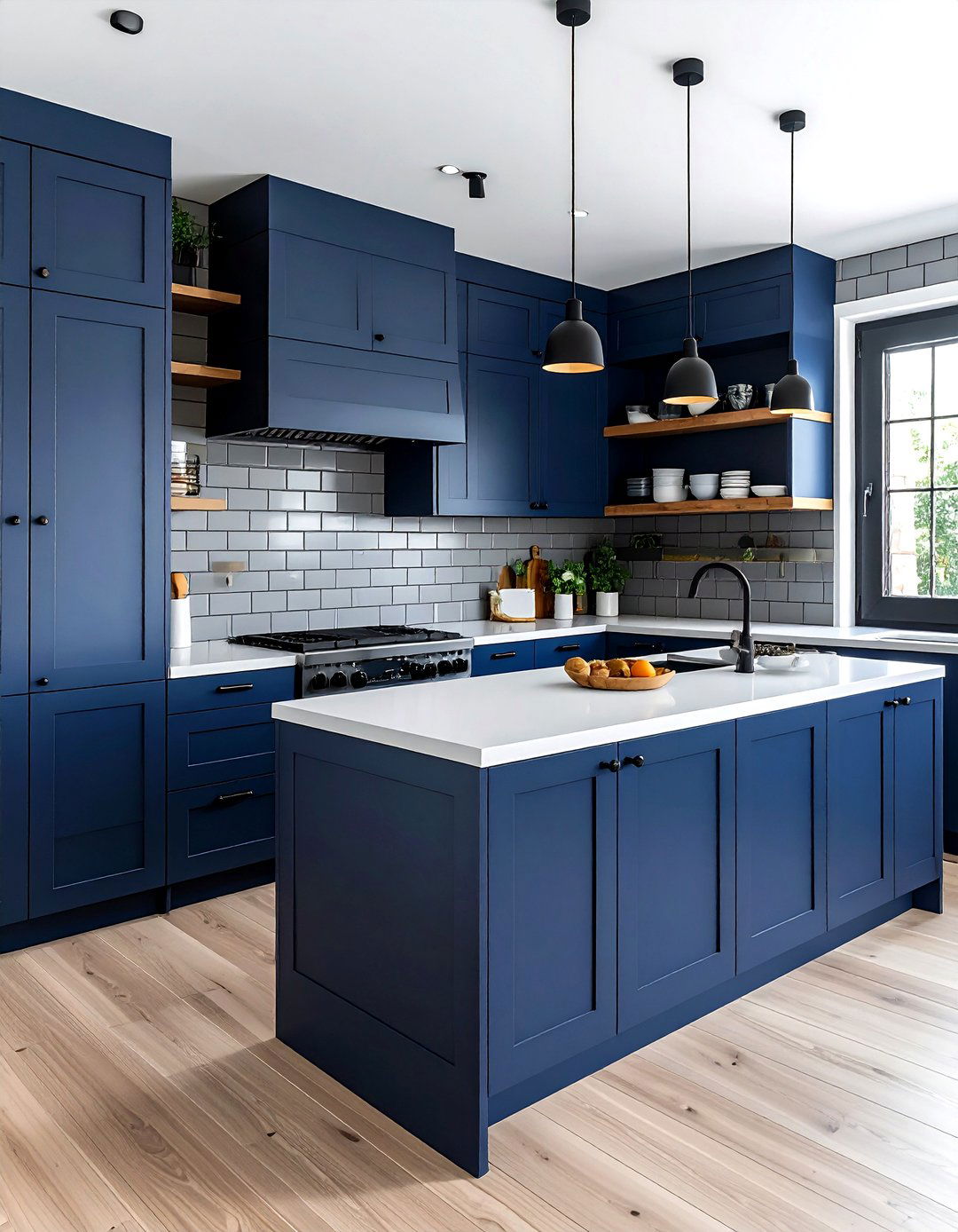 Indigo blue cabinets with gray subway tile - 30 blue and gray kitchen ideas