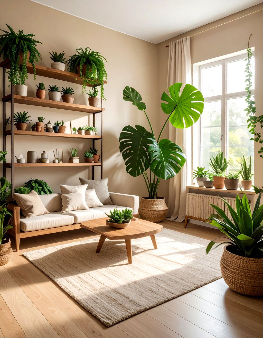 Indoor plant living room - 30 bohemian beige living room ideas