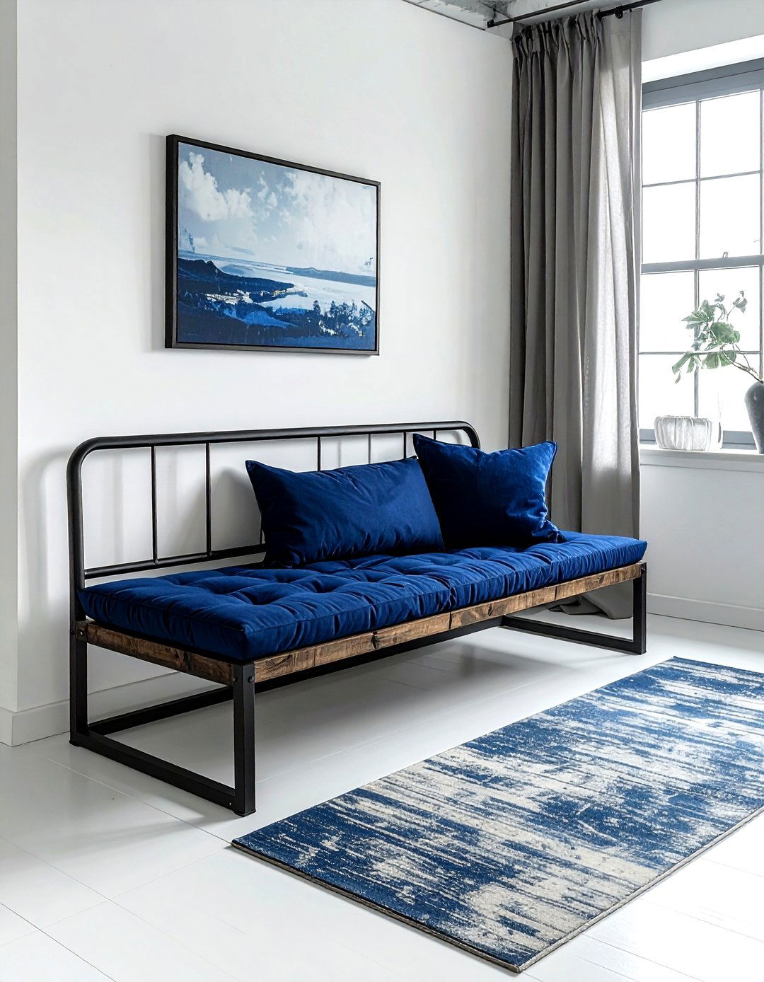 Industrial Bench Blue Cushion - 30 industrial blue bedroom ideas
