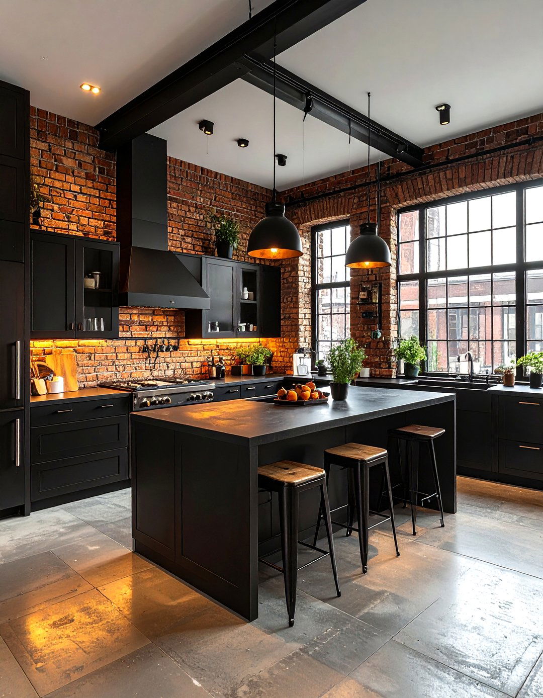 Industrial Black Kitchen With Brick - 30 dark black kitchen ideas