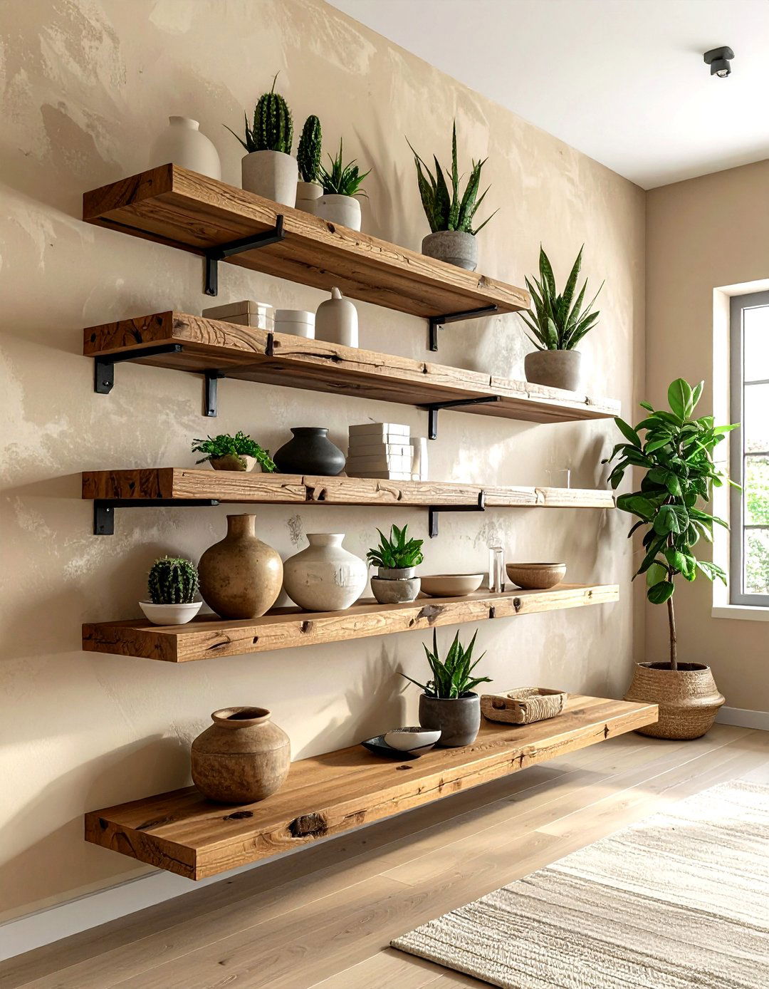 Industrial Floating Shelves Beige Wall - 30 industrial beige living room ideas