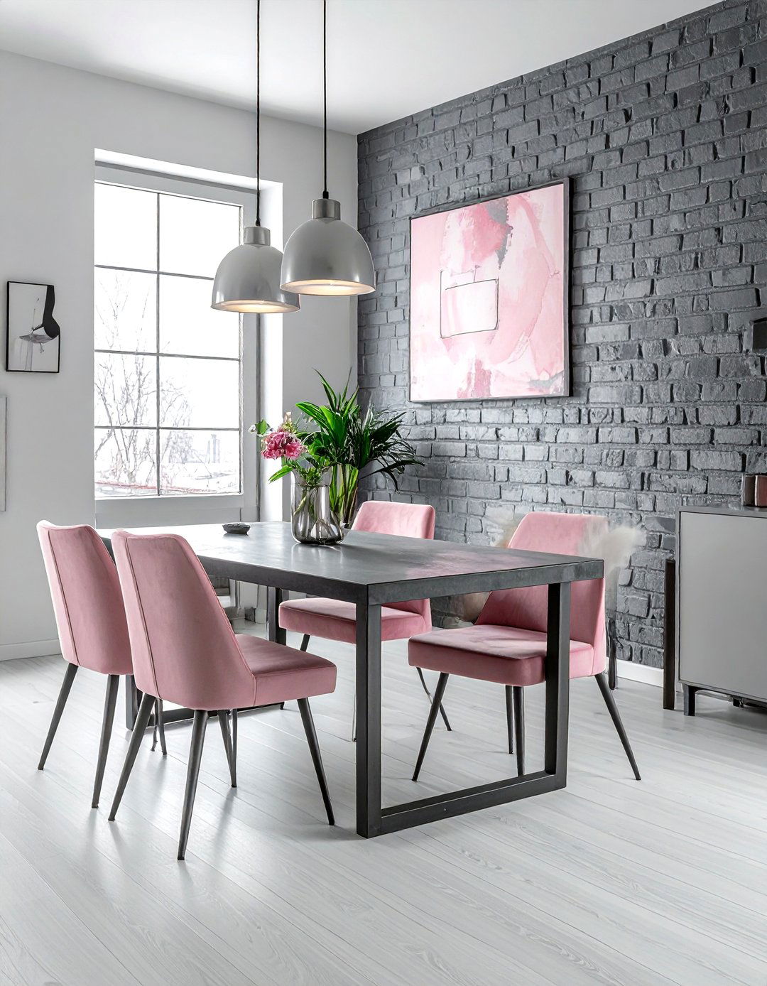 Industrial Gray Pink Brick Wall Dining - 30 pink gray dining room ideas