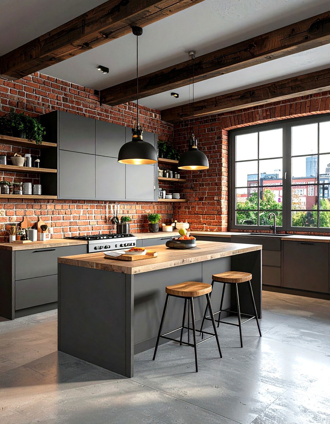Industrial Grey Kitchen With Brick - 30 grey kitchen design ideas