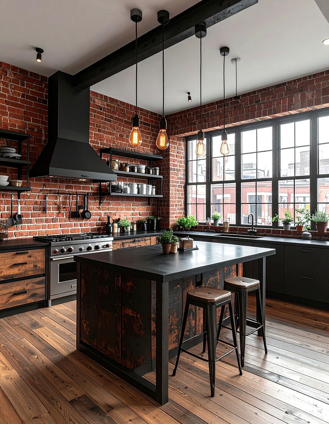 Industrial Kitchen Black Countertop Brick Wall - 30 black countertop kitchen ideas