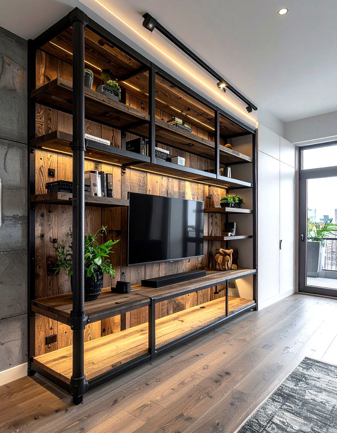 Industrial Pipe And Wood Built In Shelving - 30 living room built-in entertainment center