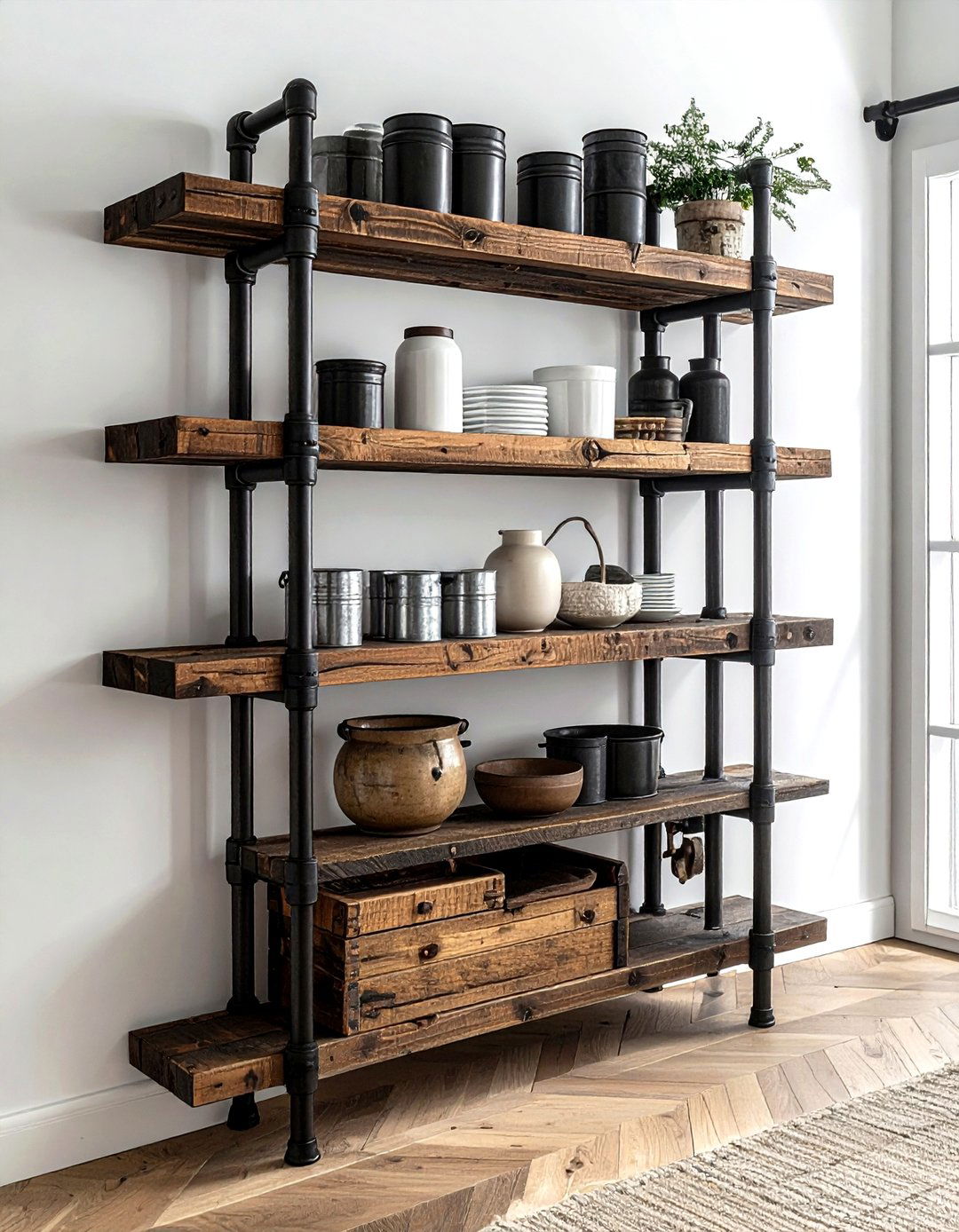 Industrial Pipe Shelving - 30 dining room vertical storage ideas