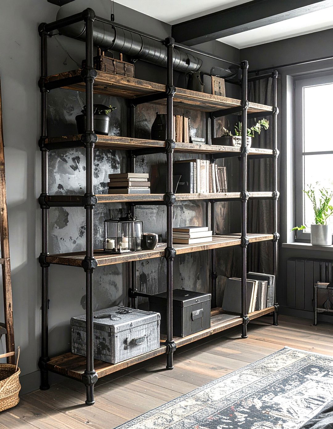 Industrial Pipe Shelving - 30 industrial black bedroom ideas