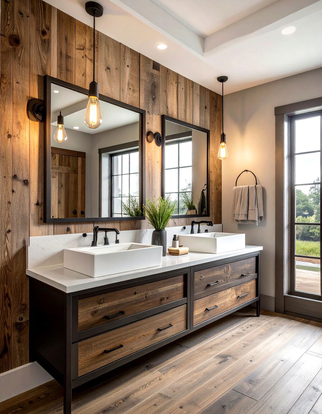 Industrial Vanity Lighting - 30 modern farmhouse bathroom ideas