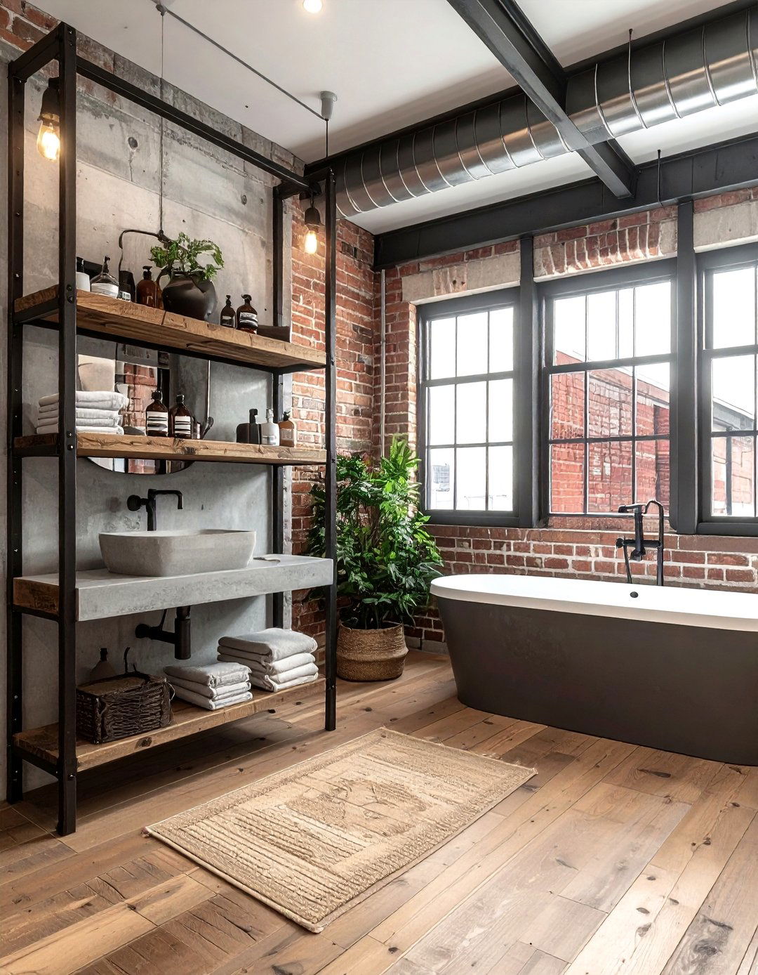 Industrial bathroom with metal pipe shelving - 30 bathroom furniture arrangement