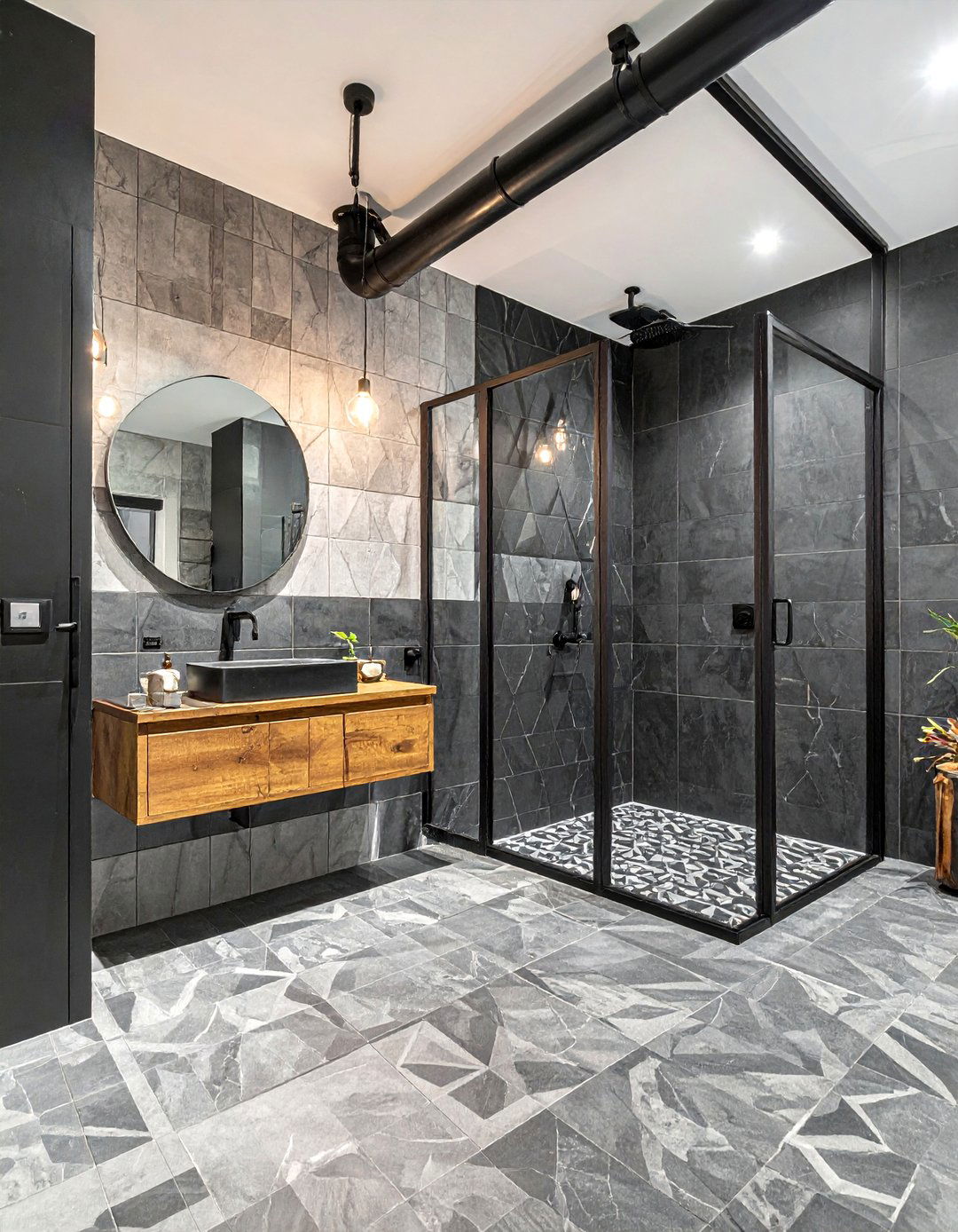 Industrial bathroom with patterned cement tile - 30 encaustic tile bathroom ideas