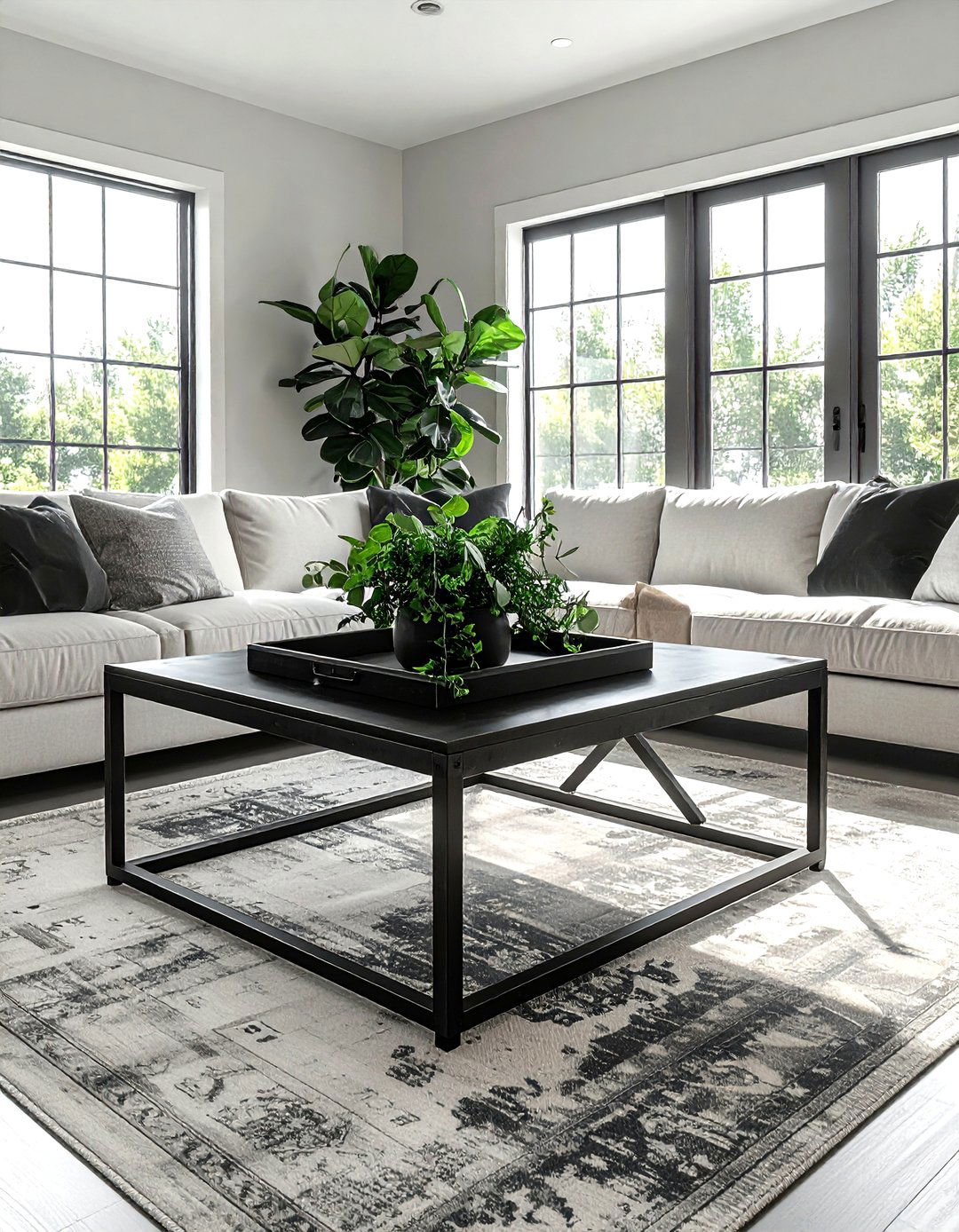 Industrial black metal coffee table - 30 farmhouse black living room ideas