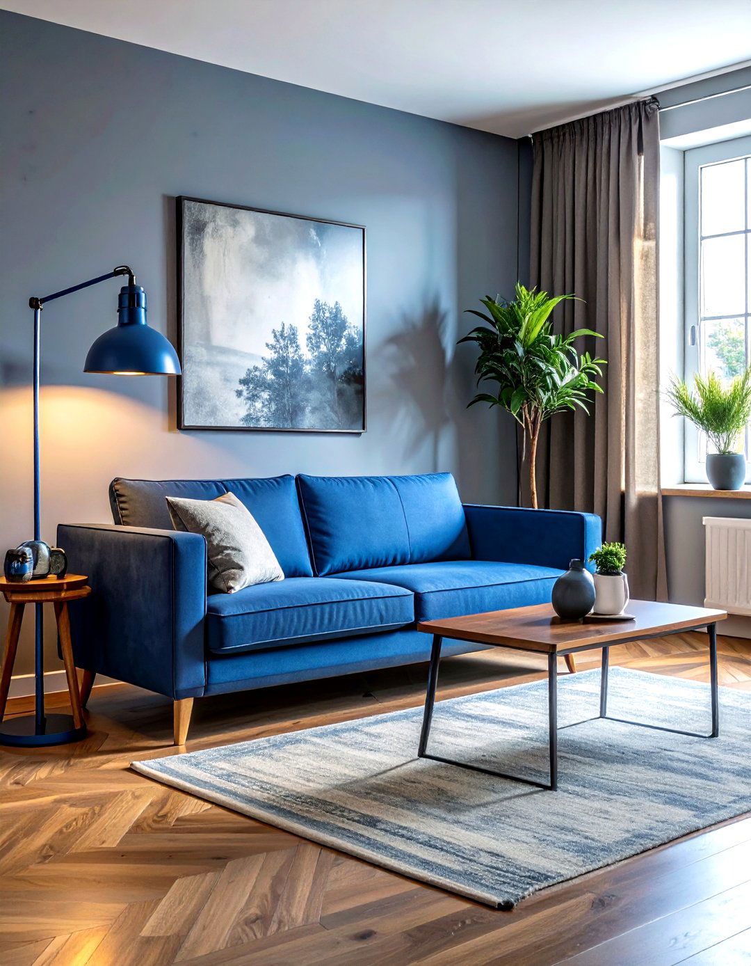 Industrial blue floor lamp living room - 30 industrial blue living room ideas