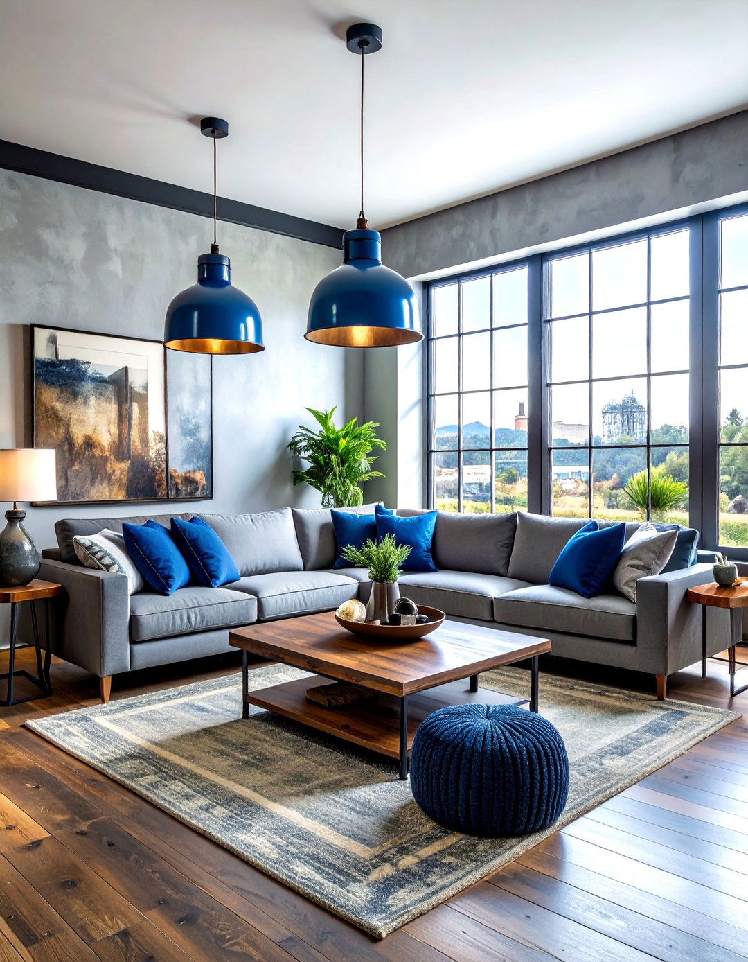 Industrial blue pendant light living room - 30 industrial blue living room ideas
