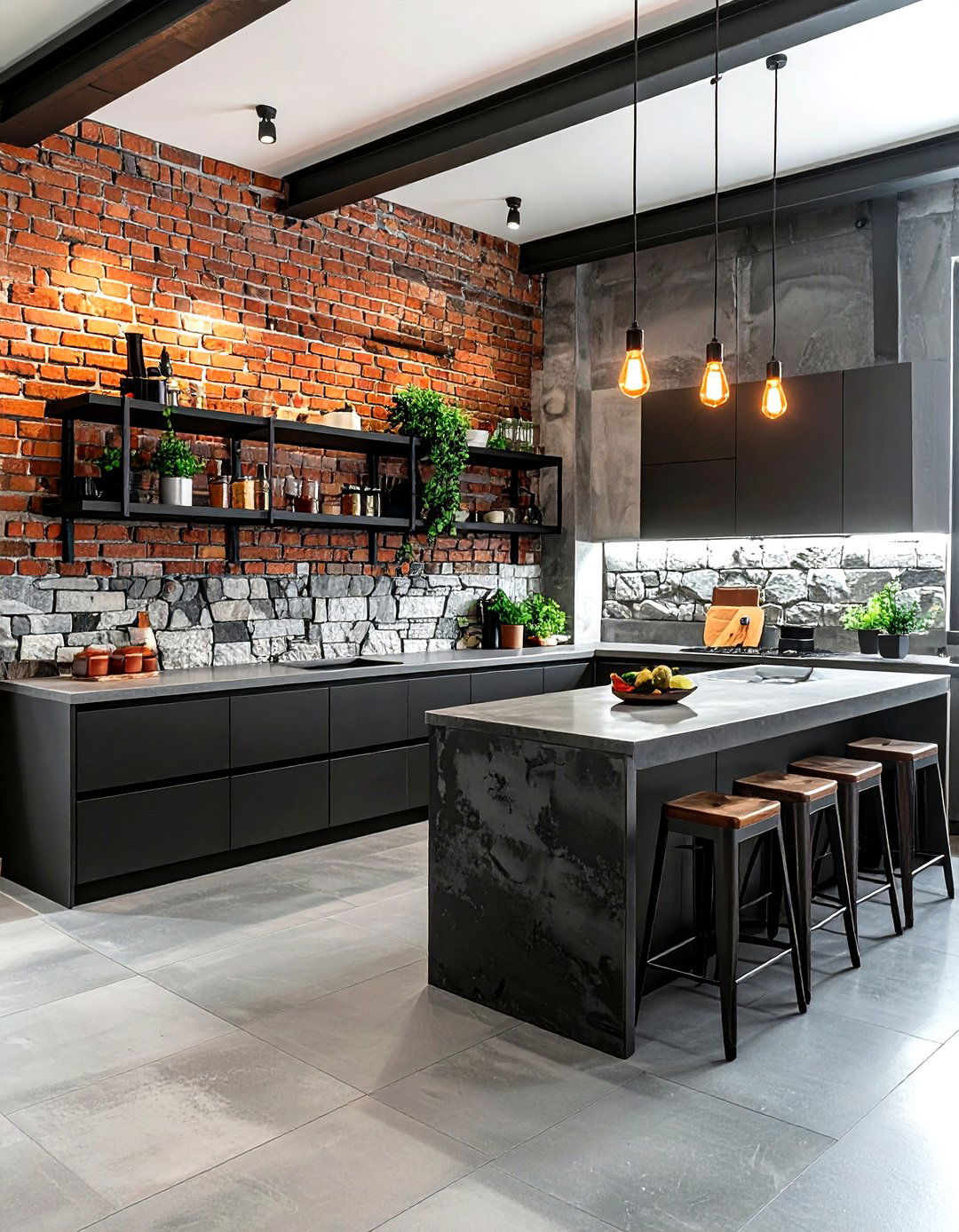 Industrial brick and stone kitchen - 30 kitchen stone wall ideas