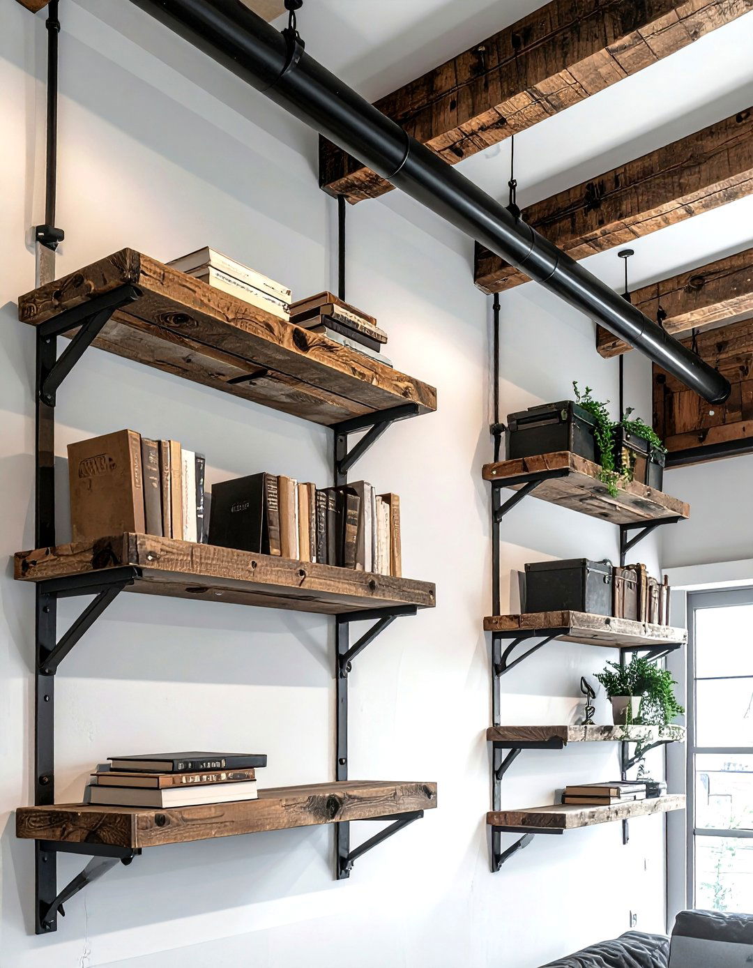 Industrial ceiling shelves - 30 living room overhead storage ideas