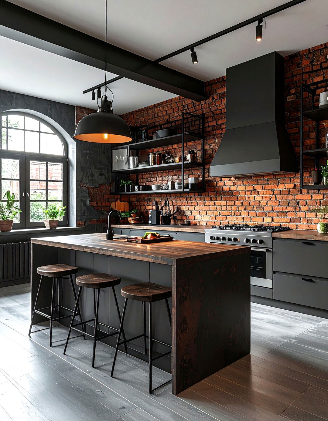 Industrial charcoal kitchen with brick walls - 30 dark charcoal kitchen ideas
